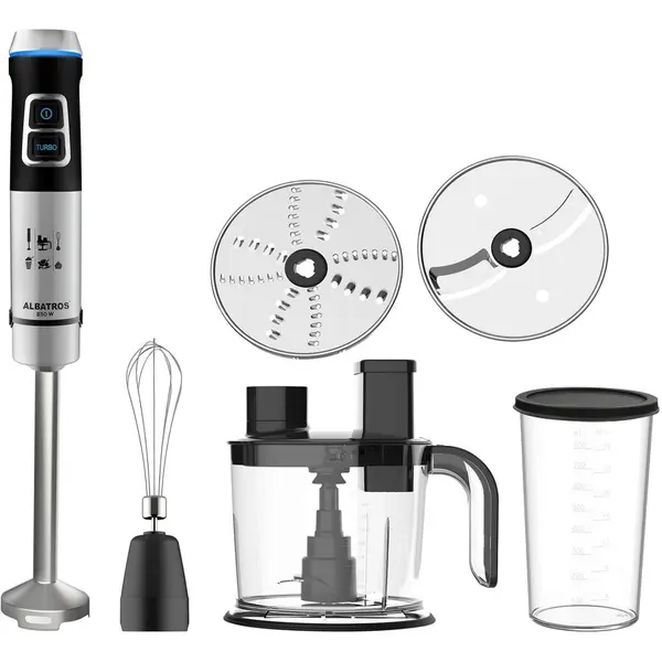 Albatros Robot de bucatarie Albatros MR850A, Putere 850 W, Turatie reglabila, Functie Pulse, Lama dubla inox, Tel inox, Vas 1,5 L, Pahar 0,8 l, Negru/ Inox