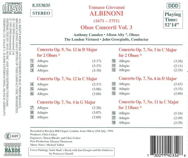 Albinoni: Oboe Concerti Vol. 3 | Tomaso Albinoni, Anthony Camden, Alison Alty