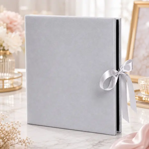 Album foto premium velvet 500 poze 10x15 cm, catifea gri, file negre, inchidere panglica satinata