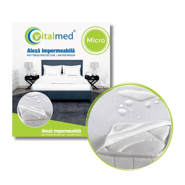 Aleza impermeabila Vitalmed, reutilizabila, protejeaza complet patul si salteaua, 100% rezistenta la apa si pete, nu aluneca, nu sifoneaza, nu contine PVC, 90 x 190 cm