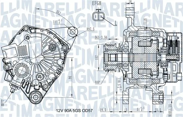 Alternator (12V, 90A) potrivit HYUNDAI GETZ, I10 I, I20 I; KIA PICANTO I 1.1D 1.5D 1.6D 03.03-12.12