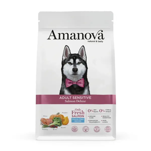 AMANOVA Adult Sensitive, XS-XL, Somon, hrană uscată monoproteică fără cereale câini, piele & blană, sistem digestiv, 2kg