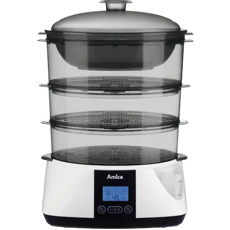 AMICA Aparat de gatit cu aburi Amica PT 3011, 900 W, 1.1 L, 3 containere, 6 programe, Display LCD, Alb