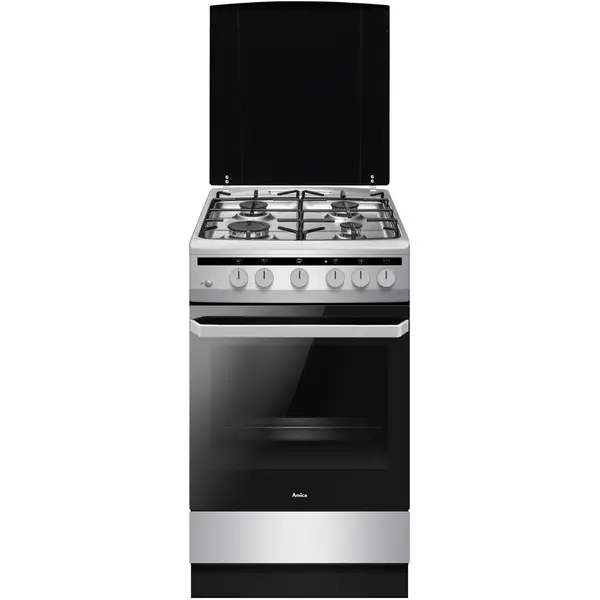 AMICA Aragaz Amica 57GGH5.43HZpMsN Xx, extrudat, gaz, 4 arzatoare, 50 cm, 64 L, Argintiu-Negru