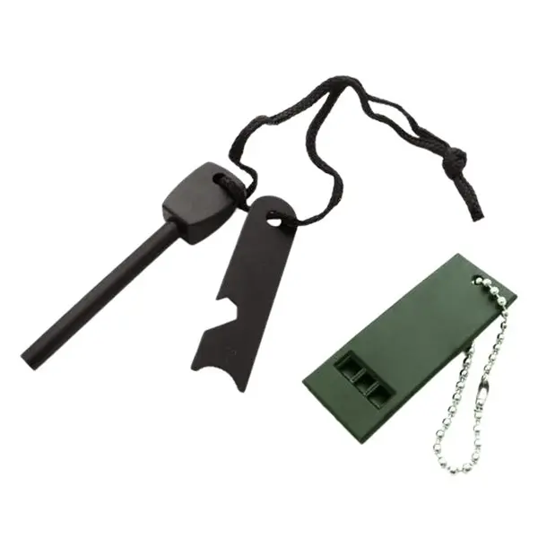 Amnar pentru camping DEPOX , Ultimate Survival, otel inoxidabil, 10 cm, negru, fluier inclus