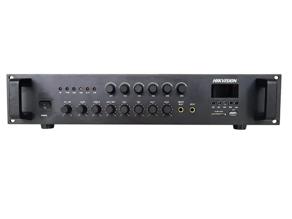 Amplificator analog adresare publica Hikvision DS-QAE0A240G1-VB6, 240W, 6 zone, 4-16 ohm, 70/110V, Bluetooth, USB 2.0, SD, 2 intrari microfon 6.3mm