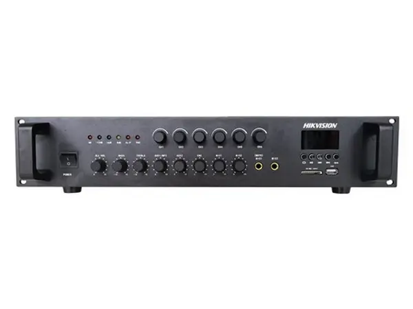 Amplificator analog Hikvision DS-QAE0A120G1-VB6, 6 zone, 120W, 2x AUX, 2x Mic, Bluetooth, USB