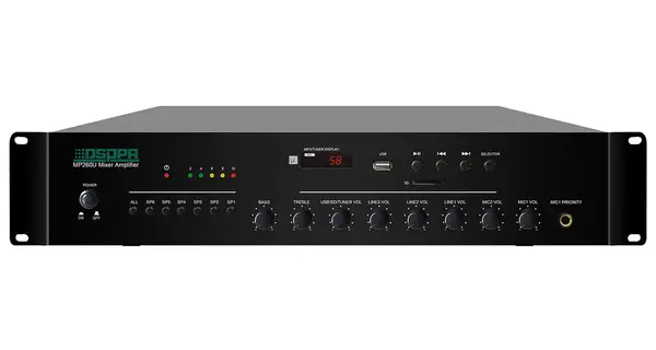 Amplificator cu mixer PA DSPPA 60W, 100V, 6 canale, 3 AUX, 2 MIC, USB, SD, Tuner, MP260U