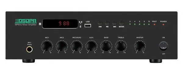 Amplificator cu mixer PA DSPPA MP60U, 60W, 100V, impedanta 4-16 ohmi, 6 canale, 3 MIC, 2 AUX, cu USB, FM si Bluetooth