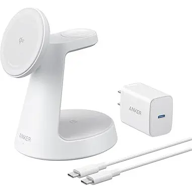 Anker Incarcator wireless magnetic Anker MagGo 3-in-1 MagSafe Qi2 15W (incarcator si cablu inclus), Alb