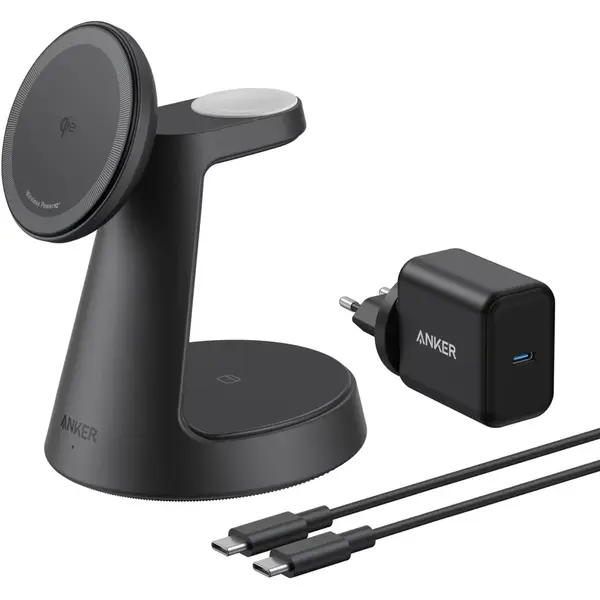 Anker Incarcator wireless magnetic Anker MagGo 3-in-1 MagSafe Qi2 15W (incarcator si cablu inclus), Negru