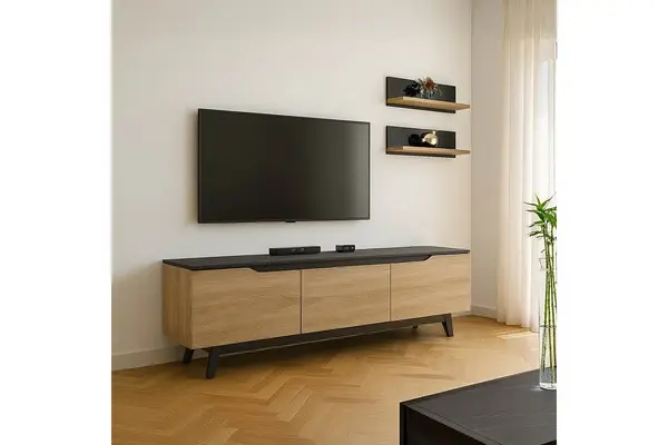 Ansamblu Comoda TV Kasia Stejar-Negru 180x35x48.5 cm