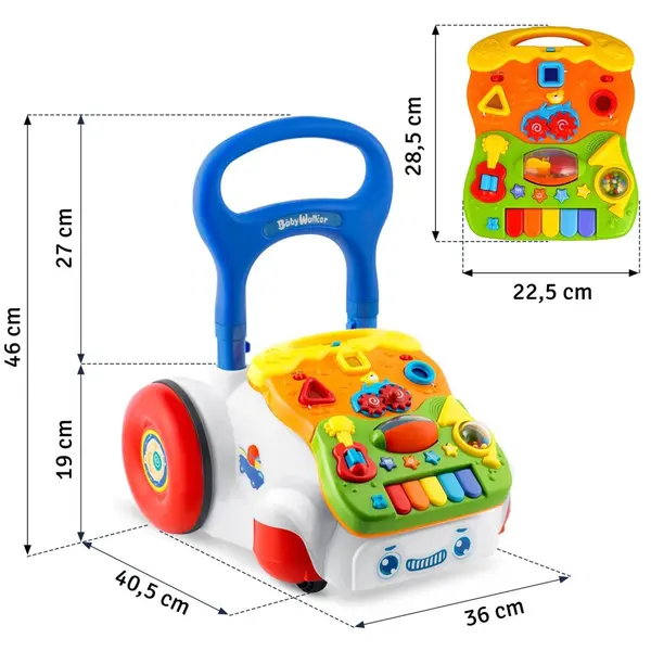 Antepremergator educational multifunctional 2in1 Ricokids Walker Car Alb cu panou interactiv detasabil,pian,angrenaje mobile,zornaitori,roti cu blocare