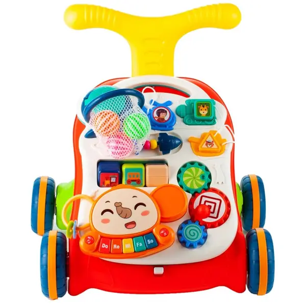 Antepremergator muzical pentru copii, Malplay, 2 in 1, cu 5 functii distincte, panou interactiv detasabil, pian muzical, masuta de joaca, cos de baschet, red