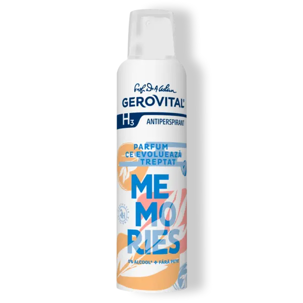 Antiperspirant Memories Protecție 48h, Fără Pete și Fără Alcool, Note Fructate-condimentate, Gerovital H3 Antiperspirante, 150 Ml
