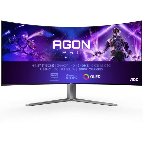 AOC Monitor Gaming AOC, AGON, PRO AG346UCD, Curbat, 34, QD-OLED, WQHD, 175Hz, 0.03ms, HDR400, TrueBlack, FlickerFree, Boxe, 8Wx2, HA, HDMI, DisplayPort, USB, hub, RGB, Light, FX, Negru