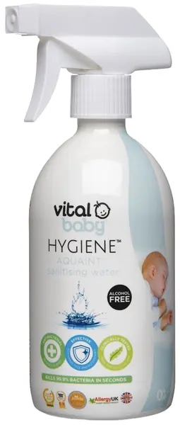 Apă de curățare antibacteriană pentru bebeluși Vital Baby - Aquaint, cu pompă, 500 ml