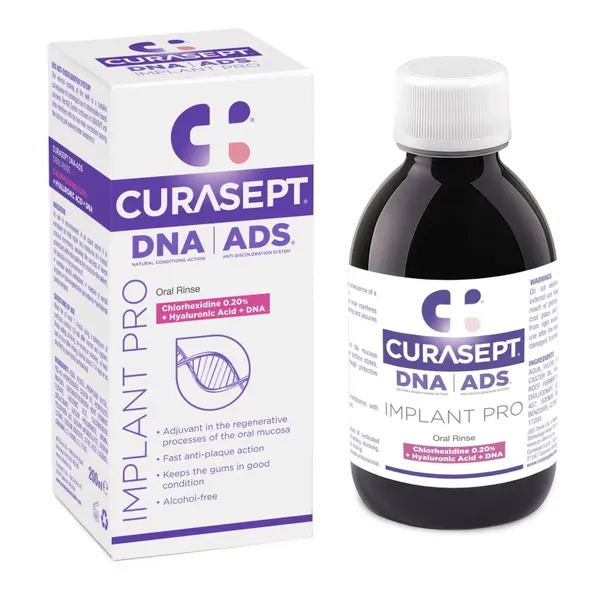 Apa de Gura, Curasept, ADS Implant Pro, Clorhexidina 0.20%, pentru Regenerarea Mucoasei Bucale, cu Acid Hialuronic, fara Alcool, 200ml