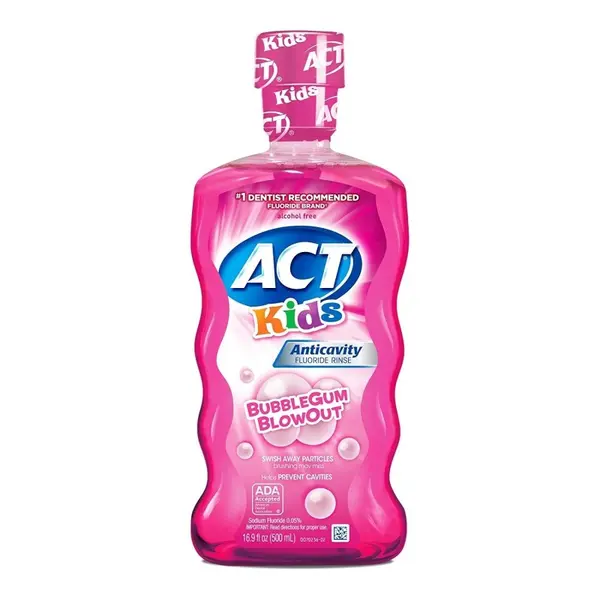 Apa de Gura pentru Copii, Act, Bubblegum Blowout, cu Fluor, fara Alcool, Aroma de Guma de Mestecat, Varsta 6+ ani, 500ml