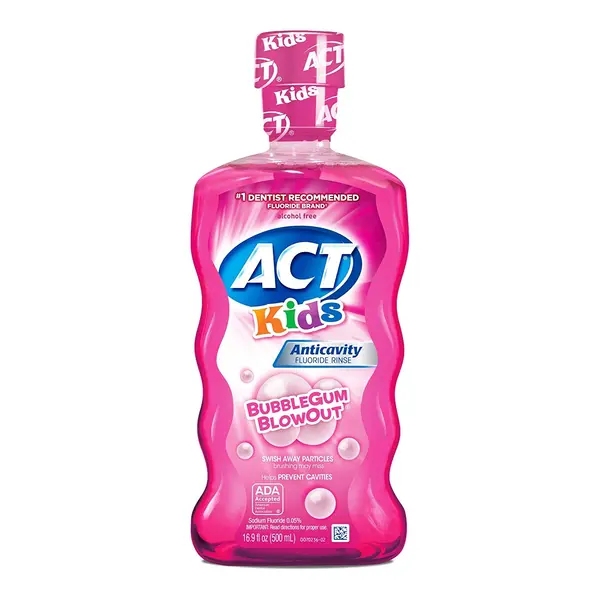 Apa de Gura pentru Copii, Act, Bubblegum Blowout, cu Fluor, fara Alcool, Aroma de Guma de Mestecat, Varsta 6+ ani, 500ml
