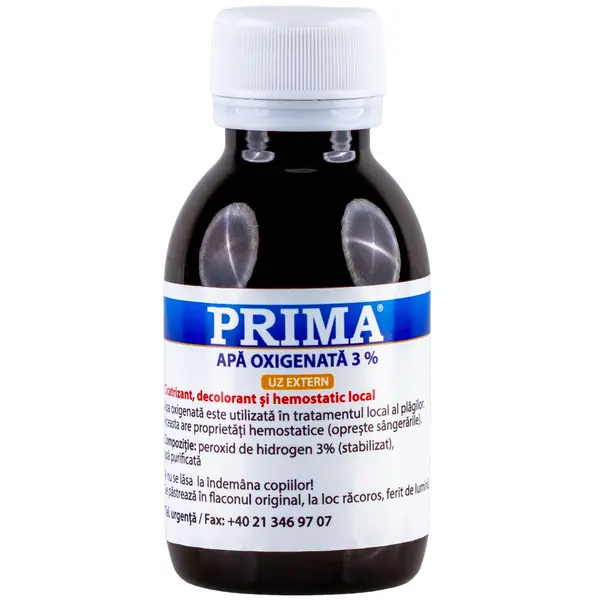 Apa oxigenata (peroxid de hidrogen) 3% PRIMA 85 ml, antiseptic, hemostatic, pentru rani si igiena orala