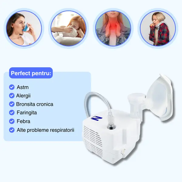 Aparat de aerosoli Novama N, nebulizator cu compresor, functionare continua, sistem de economisire a medicamentului, fabricat fara bisfenol si ftalati cu masca pentru copii si adulti SoftTouch si mustiuc