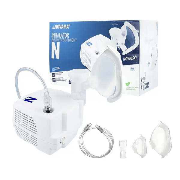 Aparat de aerosoli Novama N, nebulizator cu compresor, functionare continua, sistem de economisire a medicamentului, fabricat fara bisfenol (BPA) si ftalati, masca copii si adulti SoftTouch, mustiuc