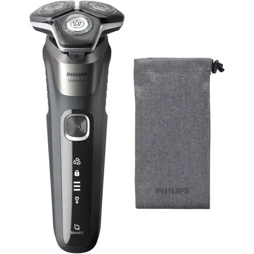 Aparat de barbierit Philips Shaver Seria 5000 S5887/10, barbierit umed/uscat, tehnologie SkinIQ, fara fir, capete flexibile 360°, display LED, senzor Power Adapt, lame auto-ascutire, lama de tuns integrata, 60 min, husa (Gri)