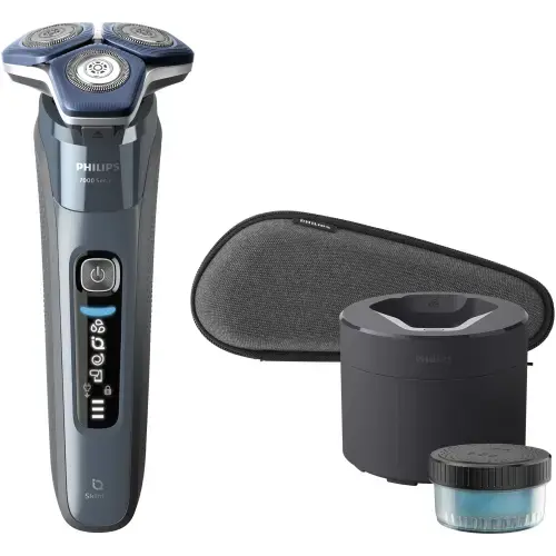 Aparat de barbierit Philips Shaver Seria 7000 S7882/55, barbierit umed/uscat, tehnologie SkinIQ, capete flexibile 360°, display LED, senzor Motion Control, senzor Power Adapt, lame auto-ascutire, 60 min, suport de incarcare, toc de transport (Albastru)