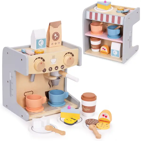 Aparat de cafea Ecotoys, lemn, 2 in 1, set barista, 26 accesorii, multicolor KID007264, la doar 162,00 lei