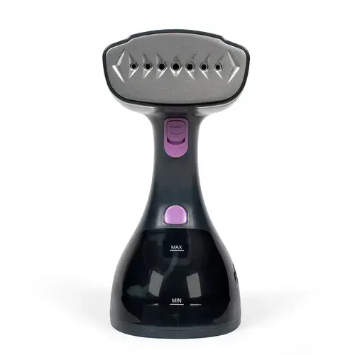 Aparat de calcat vertical cu abur Livoo DOM 479, 1500 W, talpa acoperita cu ceramica, 2 nivele de abur continuu pana la 25 gr/min, rezervor detasabil de 300ml, ecran cu functie tactila LED, buton de blocare cu abur, perie pentru stofa si scame (Gri/Viole