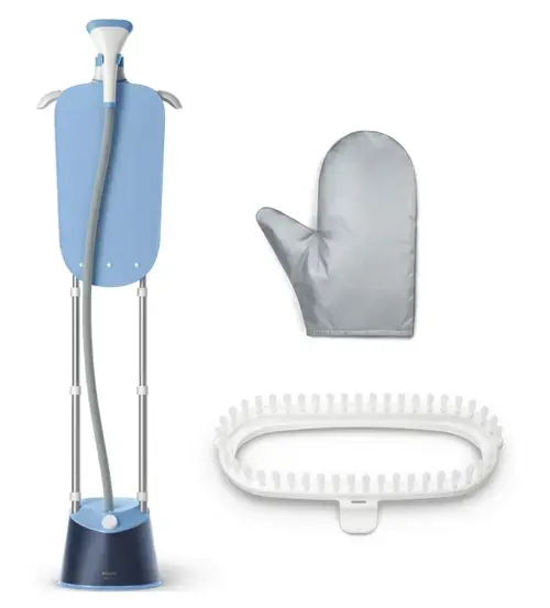 Aparat de calcat vertical cu picior Philips STE1030/20, (2 stalpi susținere) ajustabil pe inalțime, 1800W, Rezervor 1.8L, 3 setari pentru abur, StyleMat, manusa, perie, umeras integrat (Albastru)