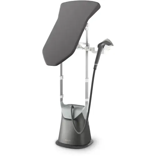 Aparat de călcat vertical Philips AiO Seria 8000 GC628/80, 2200W, Tehnologie de incalzire dubla, 6 bar, Boost de abur 90 g, 5 setari de abur + ECO (Negru/Gri)