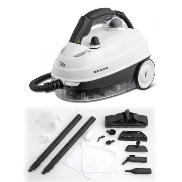 Aparat de curatat cu abur Fakir Max Steam cu abur, 1500W, 5 Bar, 1.6 L, incalzire 10 min, 12 accesorii, Alb