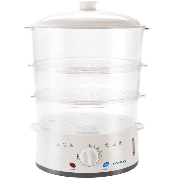 Aparat de gatit cu aburi Daewoo DFS900W, 900 W, 3 cosuri, 8.5 l, timer 60 min, design ergonomic, Alb