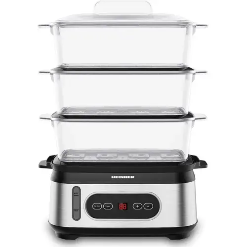 Aparat de gatit cu aburi Heinner HSA-D950SS, 800-950 W, display LED, 9L, 1.5L, Trei vase pentru gatire BPA free, Temporizator 60 min, Indicator luminos, Protectie impotriva functionarii fara apa, Cablu alimentare, Insertii inox (Negru/Argintiu)