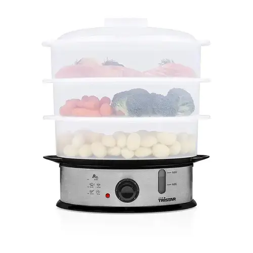 Aparat de gatit cu aburi Tristar VS-3914, 1200 W, 11 litri, Timer, 3 cosuri gatire, Inox / Negru