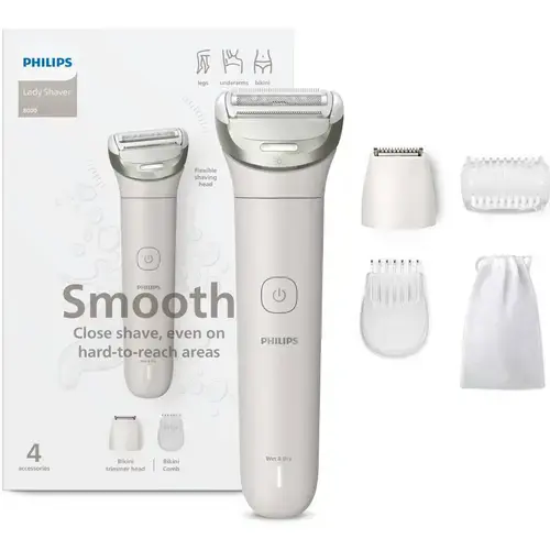 Aparat de ras electric pentru femei, fara fir Philips BRL147/00, umed si uscat, autonomie: 120 minute, 4 accesorii, lumina led, cap de ras flexibil, cap pentru tuns zona inghinala (Mov)