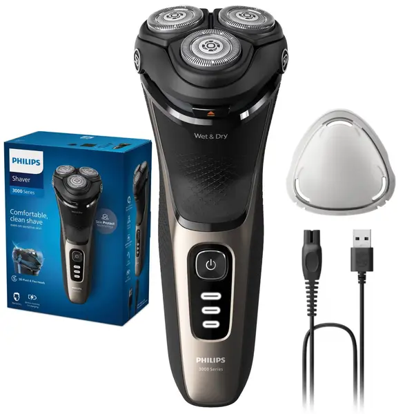 Aparat de ras PHILIPS Shaver Seria 3000 S3242 12, barbierit umed si uscat, fara fir, capete 5D pivotante si flexibile, lame autoascutire, 60 min,