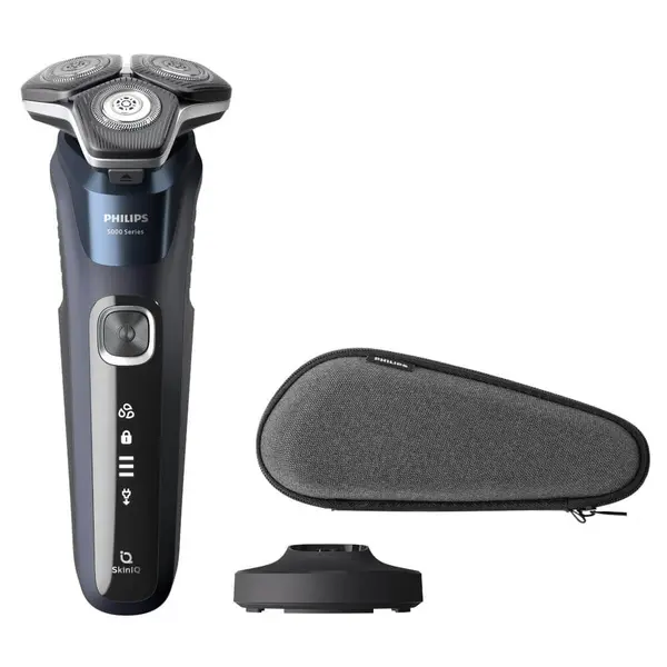 Aparat de ras Philips Shaver Series 5000 S5885/35, Barbierit umed si uscat, Fara fir, Tehnologie SkinIQ, Lame SteelPrecision, Midnight Blue, 60 min, Gri