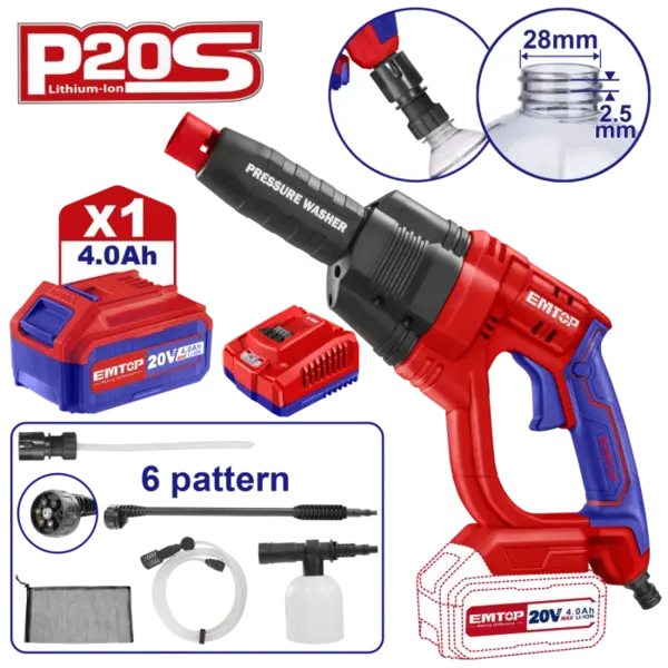 Aparat de spalat cu presiune cu 1 acumulator 4.0AH si incarcator, 24 bari, 6 capete, geanta inclusa - ELPW202501, EMTOP