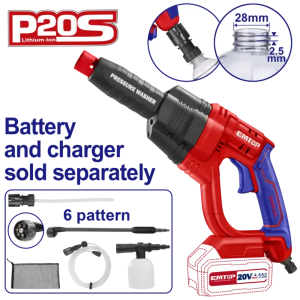 Aparat de spalat cu presiune fara incarcator si acumulator, 24 bari, 6 capete, geanta inclusa - ELPW2025012, EMTOP