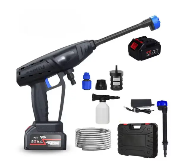 Aparat de spalat cu presiune portabil 300W de 70Bar tip 6 in 1 duza 1 baterie 1200mAh negru/albastru