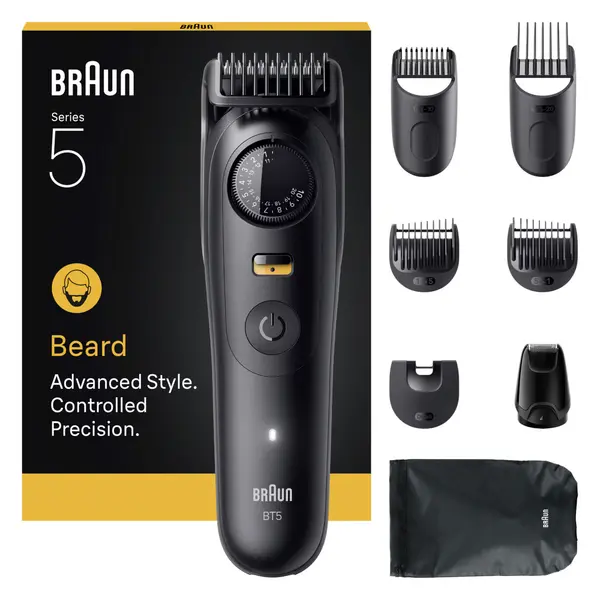 Aparat de tuns barba Braun Beard Trimmer Seria 5 BT5560,Lama ultra ascutita, Accesorii: 5 Piepteni,1 Mini cap de ras,1 Saculet,1 Perie curatare,