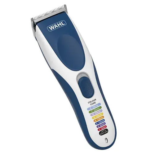 Aparat de tuns fara fir WAHL Color Pro Cordless 9649-016, Kit de tuns cu 20 piese, Acumulator NIMH, 8 piepteni, Lame auto-ascutire otel inoxidabil, Albastru/Alb