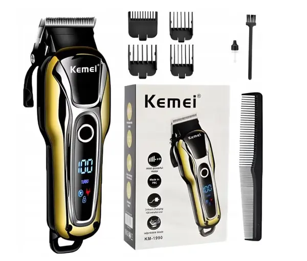 Aparat de tuns Kemei KM 1990 fara fir acumulator 2000 mAh display LCD lama inox