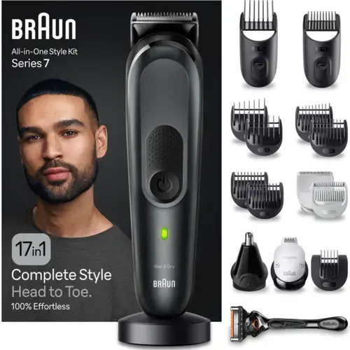 Aparat de tuns multifunctional Braun MGK7491, Wet&Dry, AutoSense, ProBlade, 17-in-1, 2 piepteni ficsi, 6 piepteni, 2 capete, 1 aparat de ras Gillette, autonomie 100 minute, Suport de incarcare, Organizator (Gri)