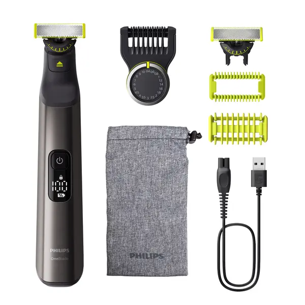 Aparat de tuns parul de pe fata si corp, Philips OneBlade Pro QP6552/15, Acumulator, Autonomie 120 min., Lungime 0,2-10 mm, Crom