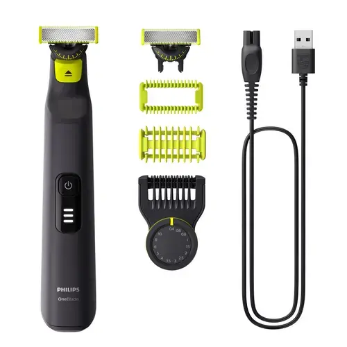 Aparat de tuns si barbierit Philips OneBlade Pro 360 QP6542/15, Autonomie 90 minute, Lama 360, Sistem dublu de protectie, Wet&Dry (Negru/Verde)