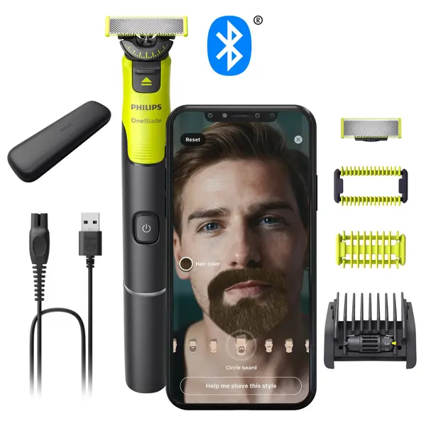 Aparat hibrid de barbierit, tuns barba si parul corporal PHILIPS OneBlade 360 QP4631 65, pieptene reglabil 5 in 1, reincarcabil, conectivitate